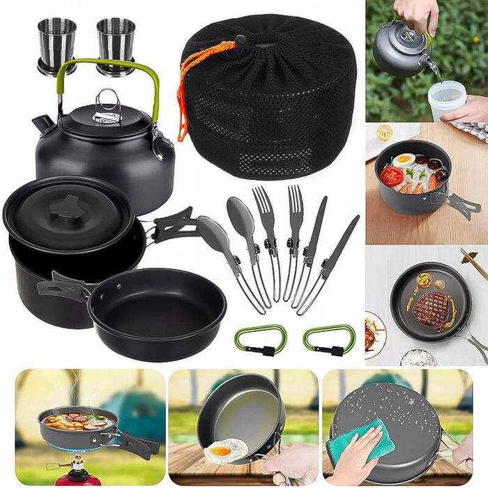 Къмпинг комплект за готвене, 18 части, лек комплект съдове и прибори