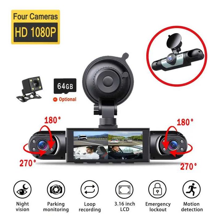 Cameră auto de bord cu triplu obiectiv, full HD 1080