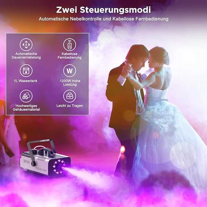 Mașină de fum, ZonQoonz 1200 W, 9 RGB, 3 în 1