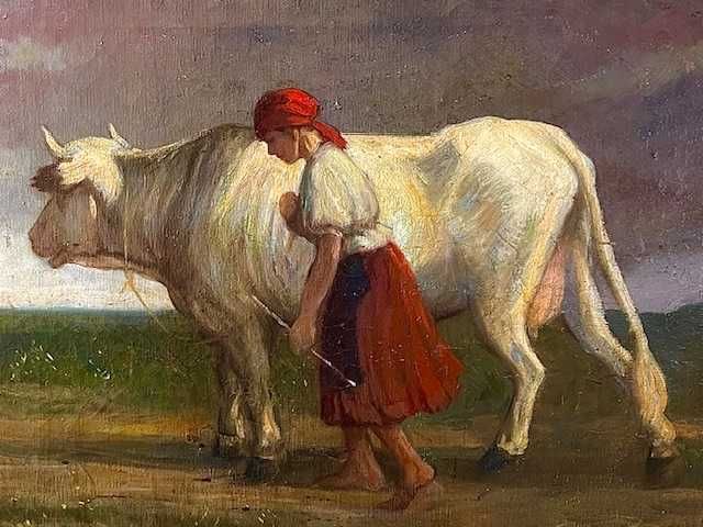 "Cu vaca la pascut" Tablou F, FOARTE VECHI, ulei/pz, semnat, 60x40cm+R
