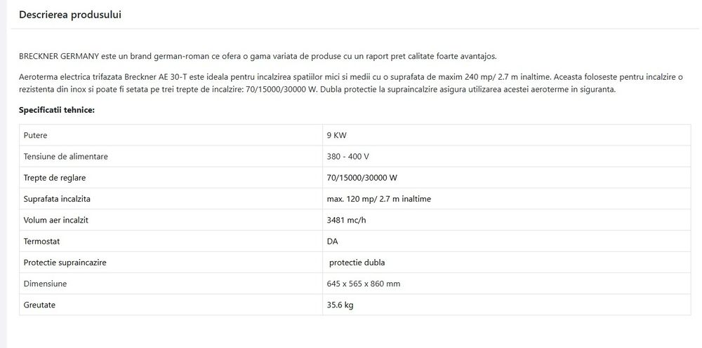 Termosuflanta electrica trifazata 380-400V 30 kw, supraf