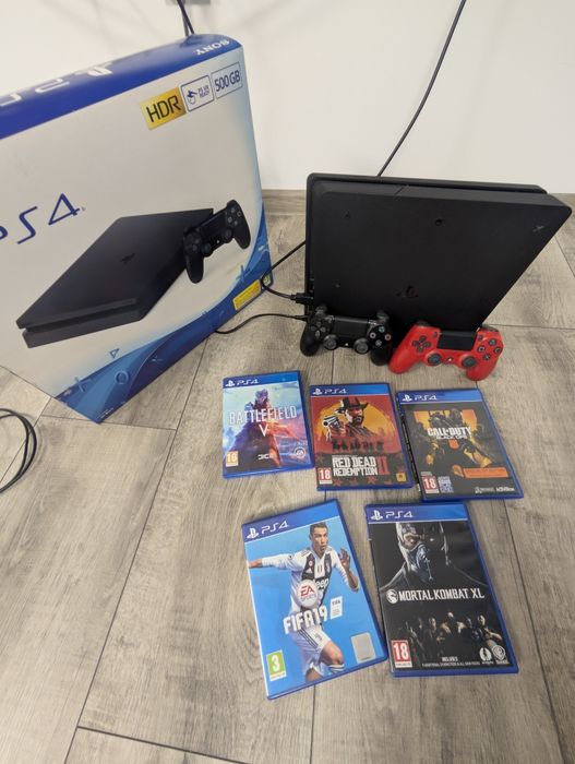 PlayStation 4 Slim 500 GB + 2 controllere + 5 jocuri + cutie originală