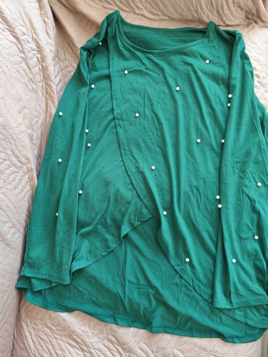 Тъмно зелена дамска блуза с бели перлички ХХЛ
