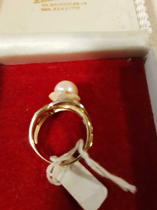 Пръстен,14 К,бяло,жълто златоРозова перла/ Мида,уникален,ръчен модел