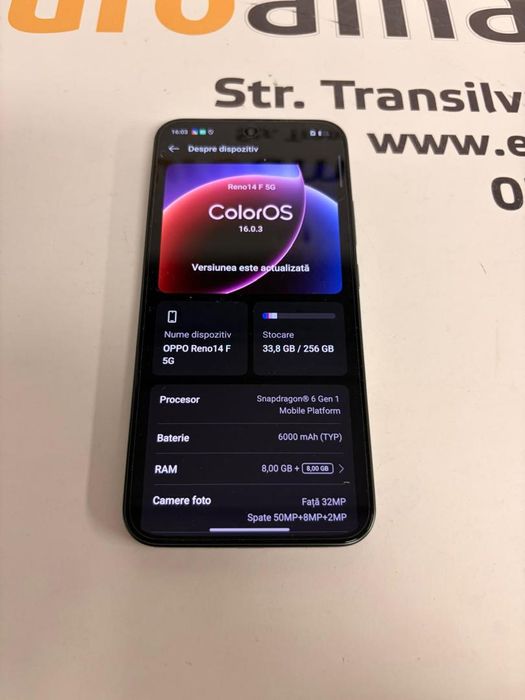 Telefon OPPO Reno14 F, Dual SIM, 8GB RAM, 256GB, 5G, Luminous -T-