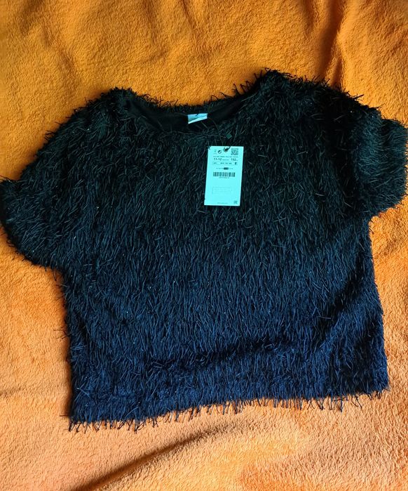 Tricou de dama, cu franjuri, negru, NOU (Zara)