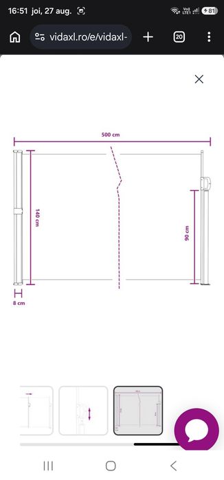 Jaluzea laterală retractabilă 500 x 140 cm Poliester