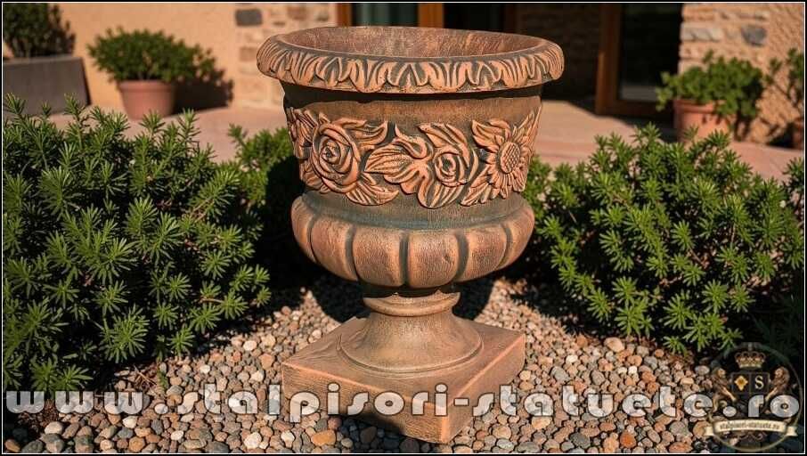 Vază ornament cu picior, terracotta patinat, model V7.