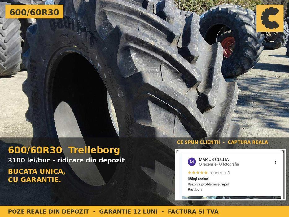 ANVELOPE 600/60R30 Trelleborg Cauciucuri Tractor Spate 4x4 Fendt Claas Deutz Valtra SH GARANTIE Factura TVA
