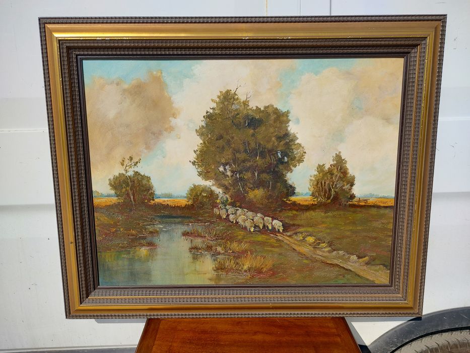 Rablou pictura in ulei pe panza peisaj cu oi semnat Klein Hans