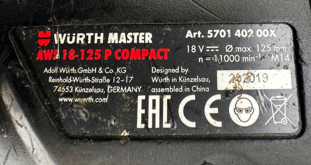 Wurth AWS 18-125 P Compact - Безчетков ъглошлайф 18V