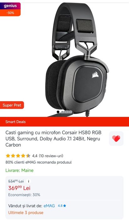 Vând căști de gaming Corsair HS80 pe cablu USB