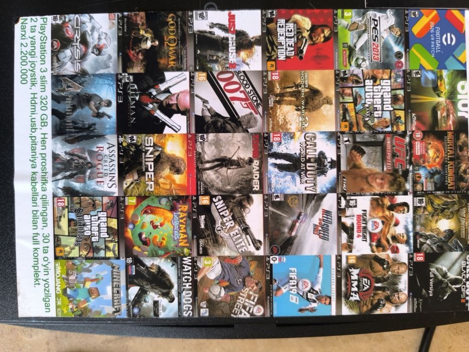 Playstation 3 slim 320 GB 30 tadan oshiq oyini bor hen proshivka bolga