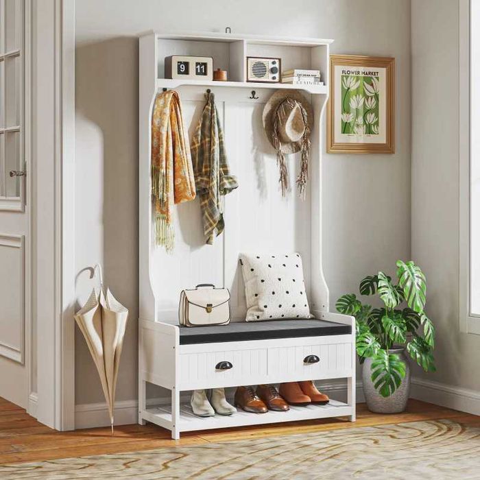 HOMCOM Закачалка за палта с куки, Гардероб с пейка за обувки