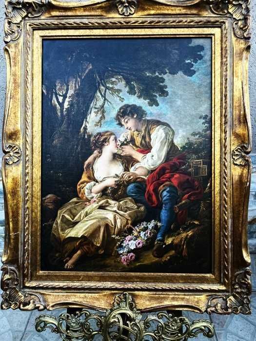 Elegant tablou stil rococo-Idila pastorala-rama baroc din lemn-Franta