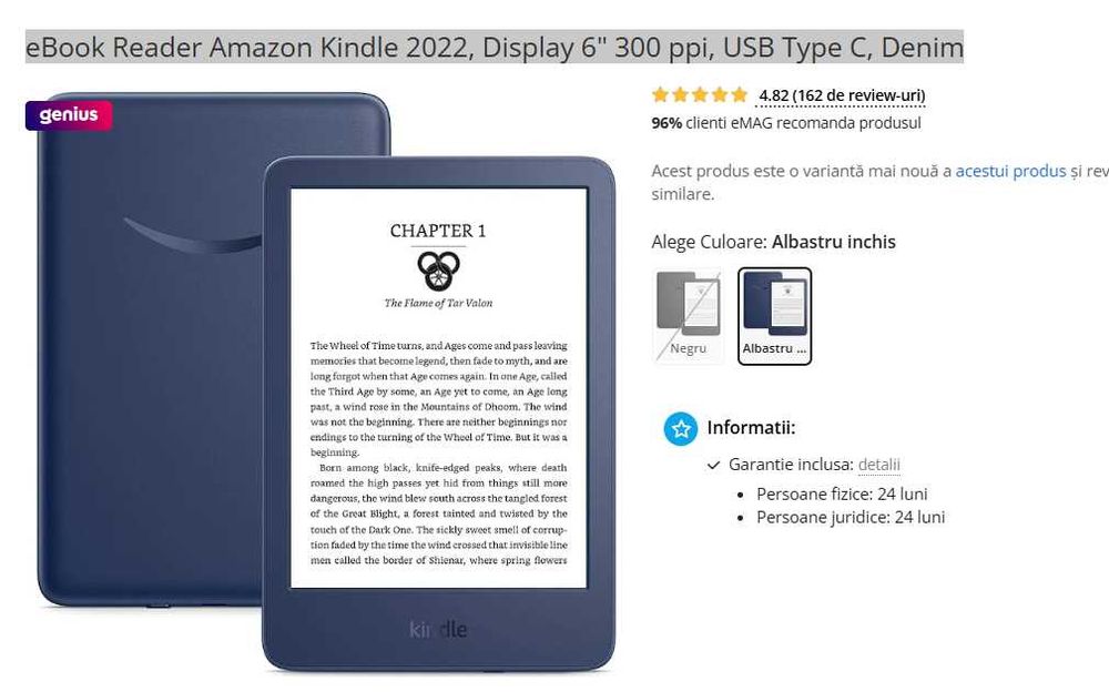 eBook Reader Amazon Kindle 2022, Display 6" 300 ppi, stare impecabila