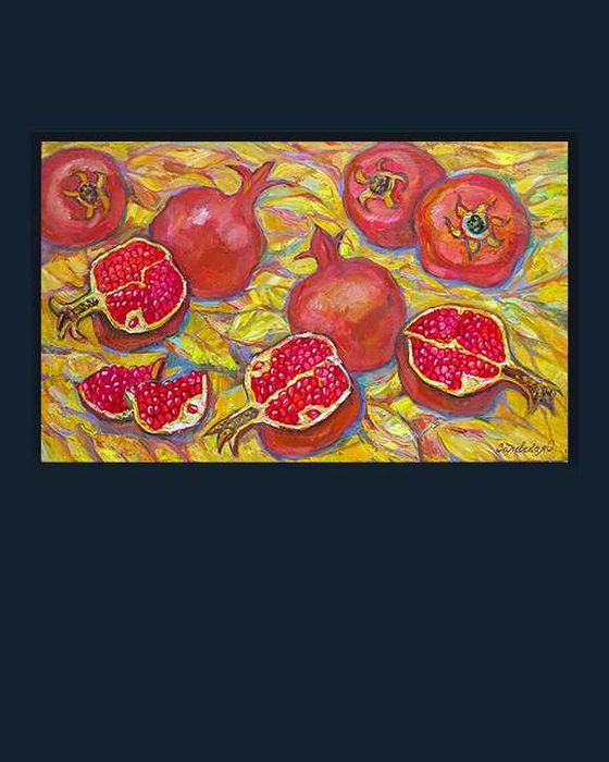 Картина "Гранаты в желтых листьях" 100х60см. Холст масло.