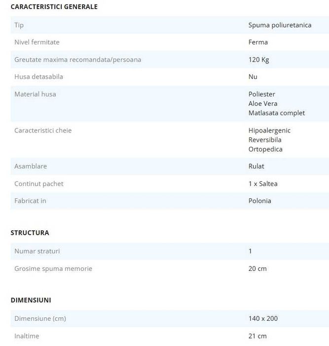 Saltea ortopedica, 140x200x21 cm, spuma poliuretanica