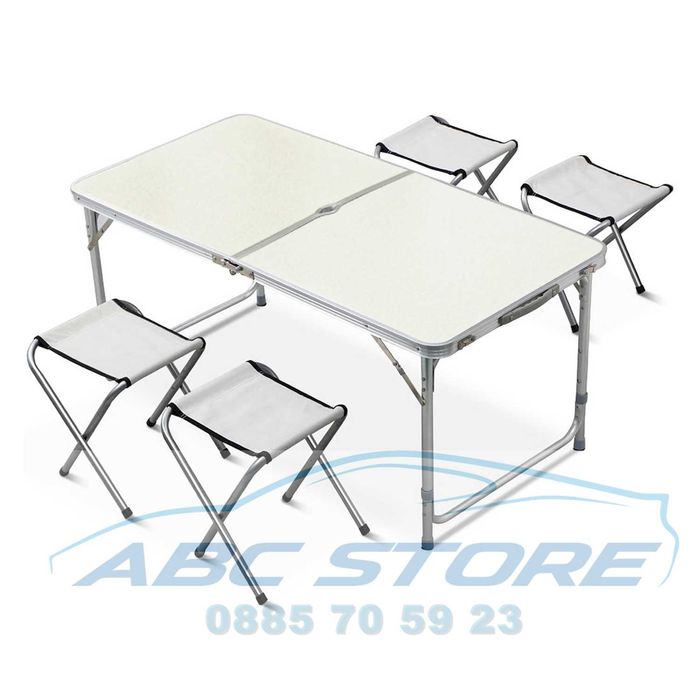 Алуминиева Сгъваема Маса + 4 Стола 120x60  за пикник къмпинг градина