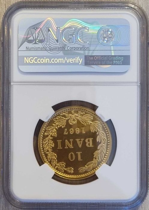 Moneda aur 10 bani 1867, replica BNR 2007, gradata NGC MS 66