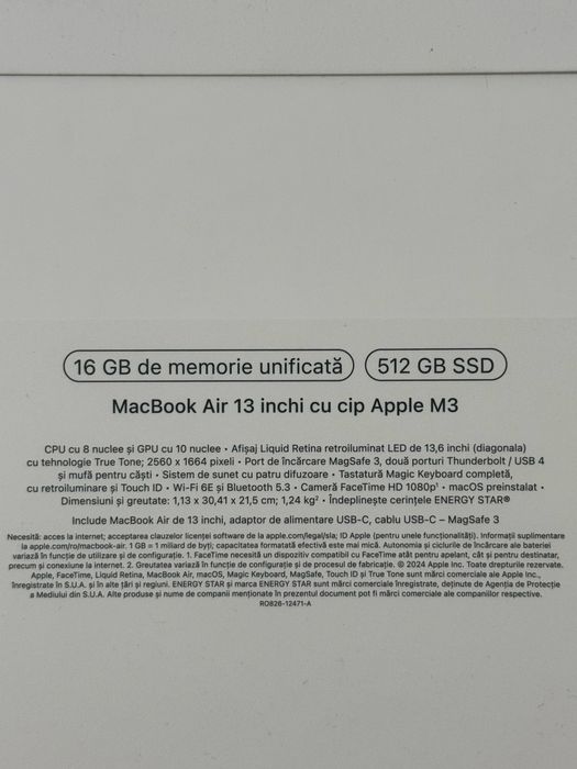 Laptop Apple Macbook Air 13” procesor Apple M3, 8 Nuclee CPU si 10 Nuclee GPU 16GB  512GB Midnight  Tastatura Internationala