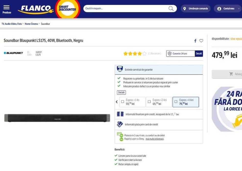 Soundbar Blaupunkt LS175, Bluetooth, 40W RMS, Negru