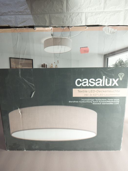 Plafonieră Casalux textilă gri Ø38 cm, 2xE27, cu 2 becuri LED incluse – Nouă