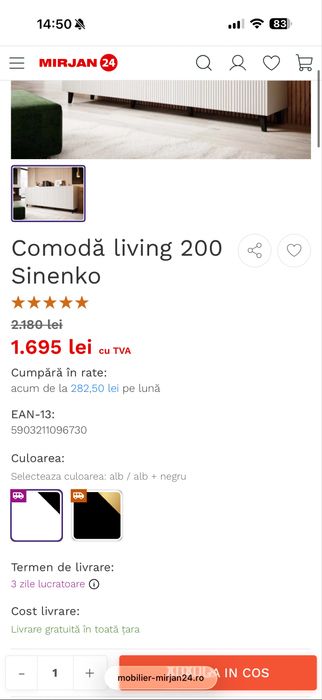 Comoda living 200 cm alba mdf