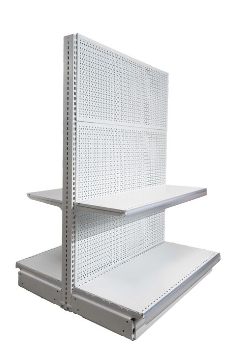 Островен стелаж с перфориран гръб за закачане на куки и рафт