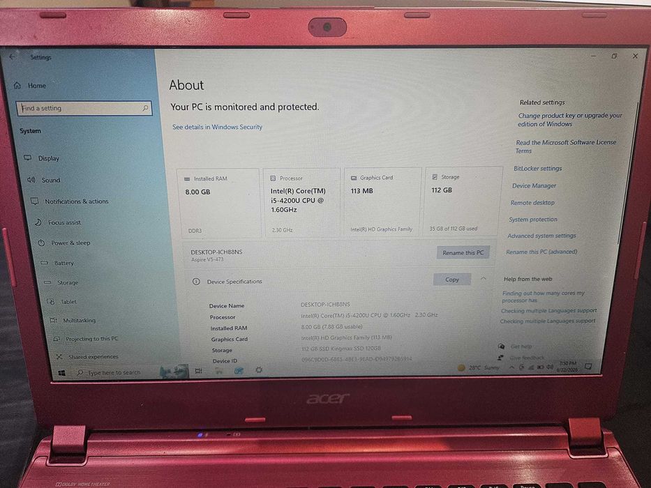 Laptop Acer Aspire V5 Windows 10 Pro I5 4200 SSD128 8Gb Ram Video HD Intel