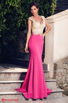 Rochie Atmosphere lunga ciclam si bust din dantela aurie