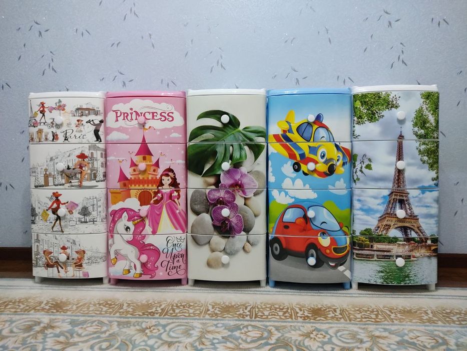 Комод пластиковый детский "Самолет" elf-440, 4-х секционный с декором,