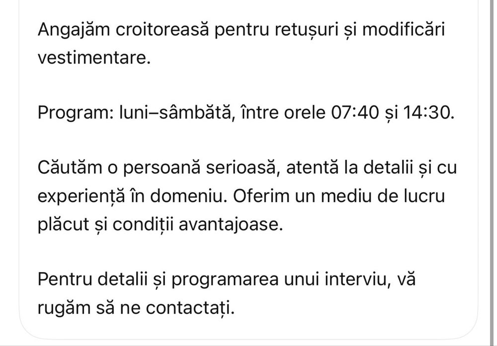Caut croitoreasa priceputa  cu experineta pentru retusuri (scurtat pantaloni , rochite , sacou ),o zi pe saptamana