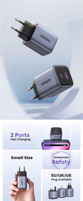 UGREEN CD350 Nexode Mini 35W GaN Type-C+USB-A For iPad/iPhone 15 16