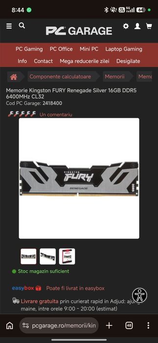 Vând plăcută RAM ddr 5 16 GB 6400 mhz cu rgb fury