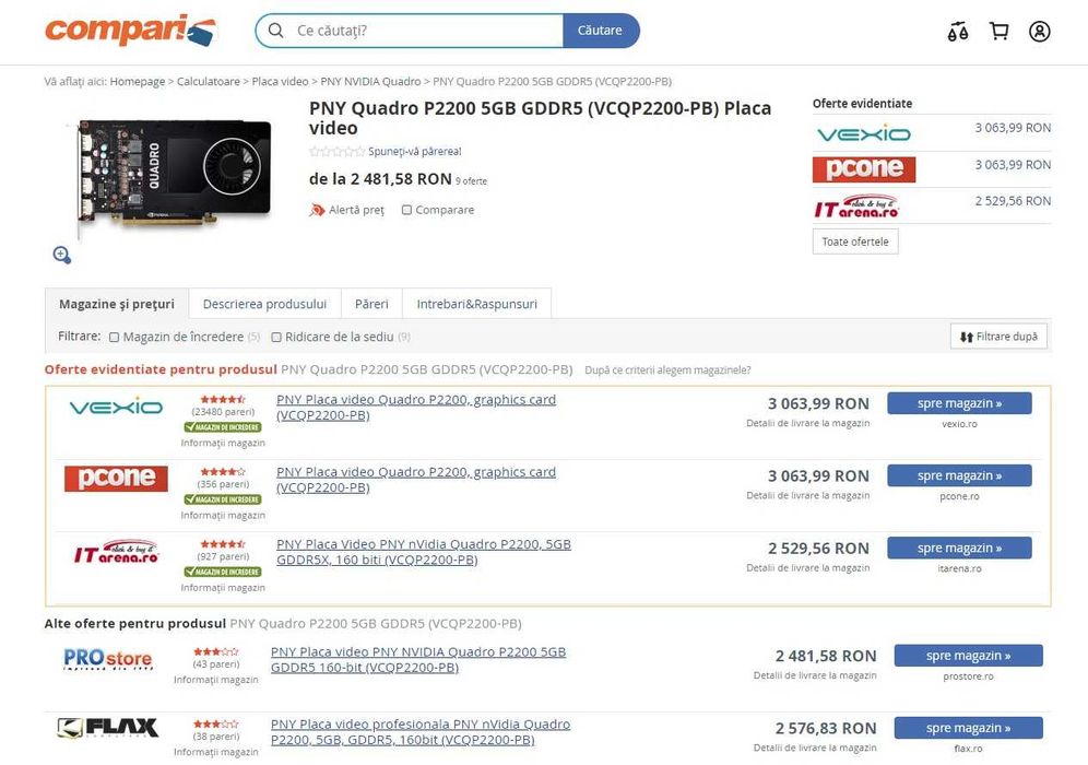 Placa video PNY NVIDIA Quadro P2200, de 5GB, GDDR5 -sigilate sau SH