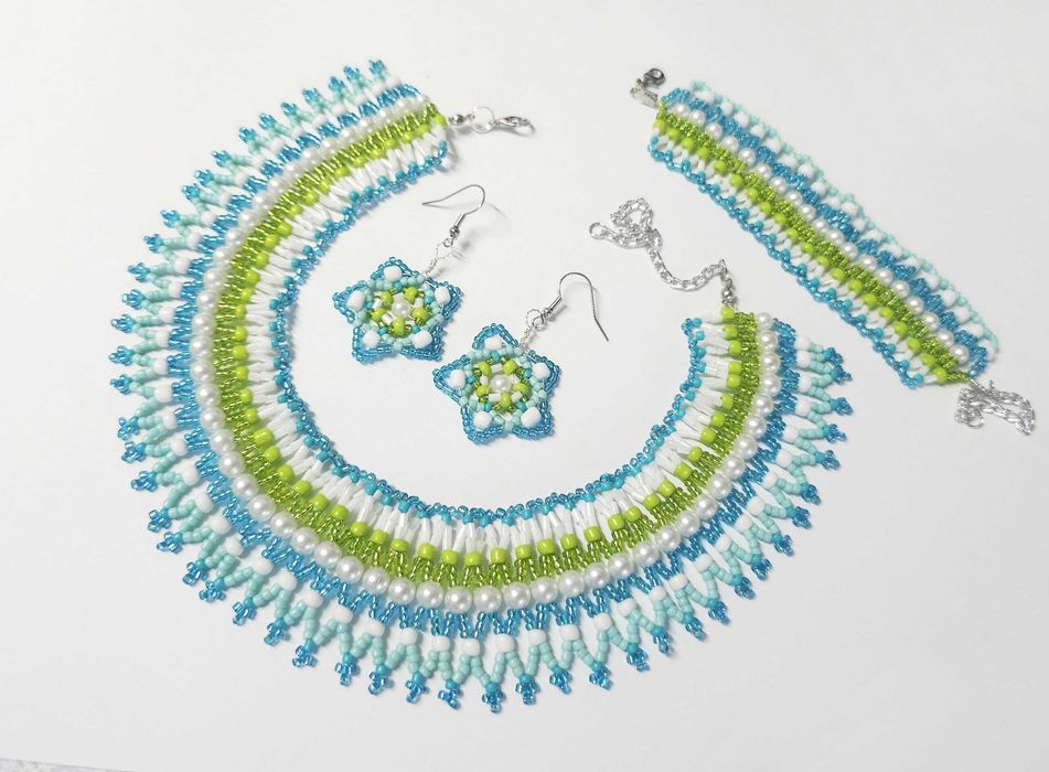Set traditional albastru margele nisip, colier lat baza gatului unicat