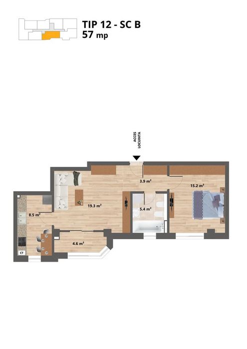 Sun Residence -- Apartament 2 camere - TIP 12 - 57 Mp - Proiect NOU -