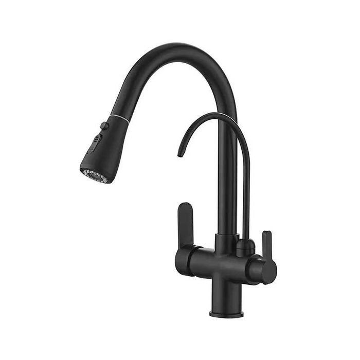 Baterie de bucătărie negru mat cu 3 căi, 2 funcții de furnizare a apei plus duș extractabil S-018