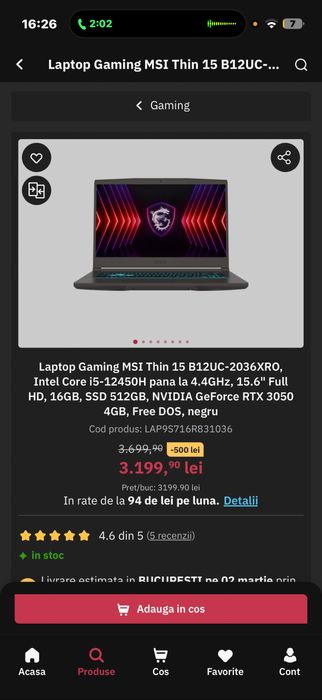 Laptop Gaming MSI Thin 15 ,Intel Core i5-12450H