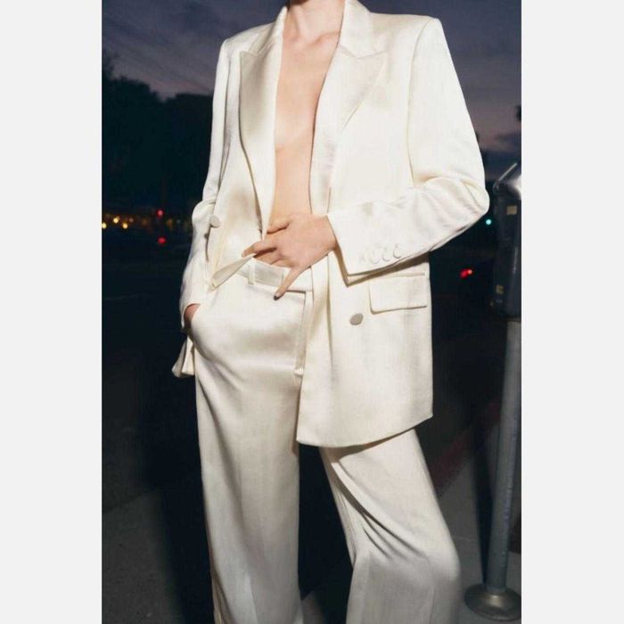zara costum alb in double breasted straight pantalon shimmer lucios nou S/XS  oyster ecru