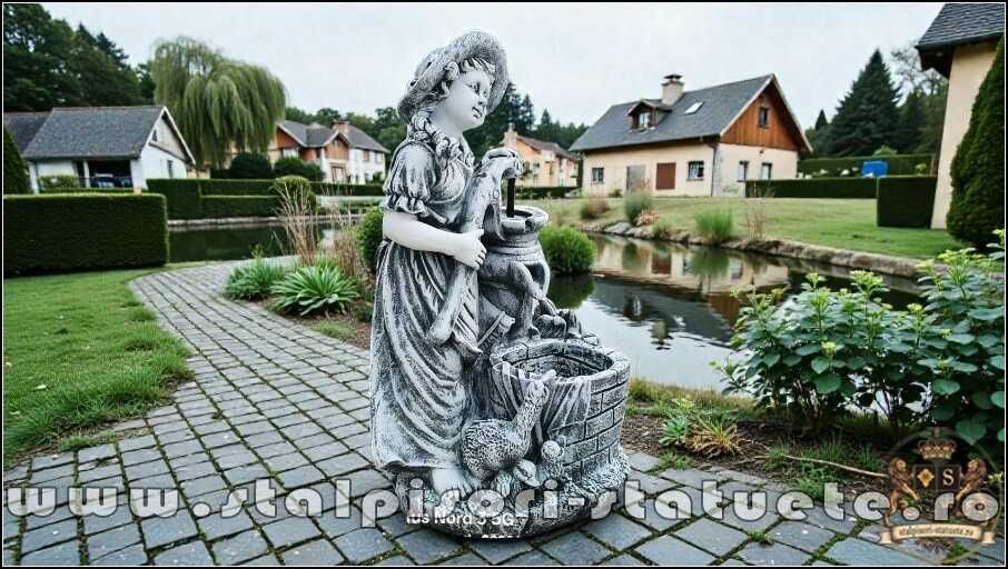 Statuetă țărăncuța la pompă, gri patinat, model S105.