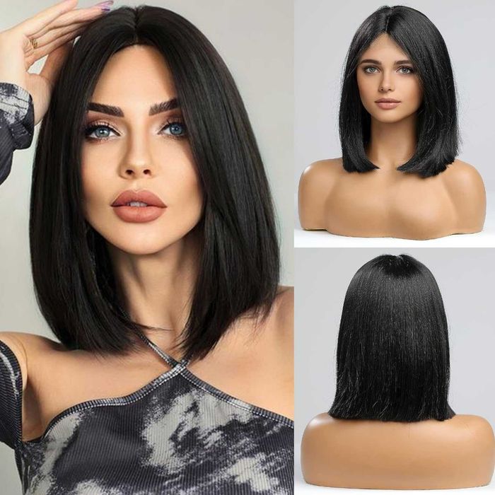 Елегантна права черна каре перука 35 см с път
