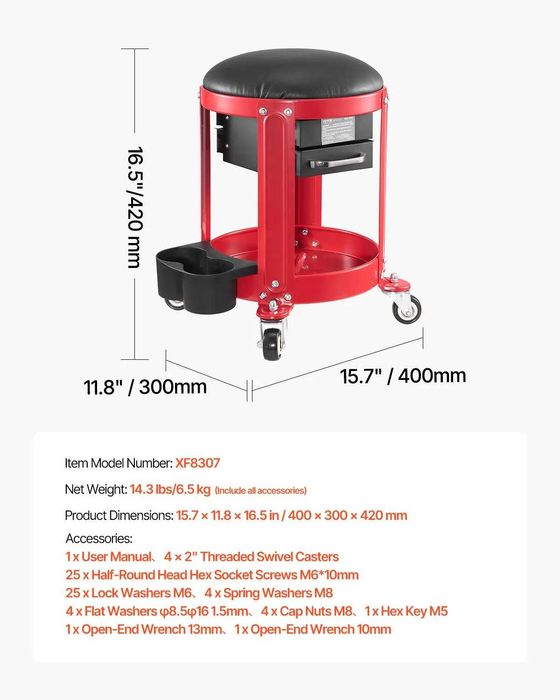 НЕМСКА Гаражна Табуретка с Колела с Чекмеджета VEVOR + ЛЕД ФЕНЕР