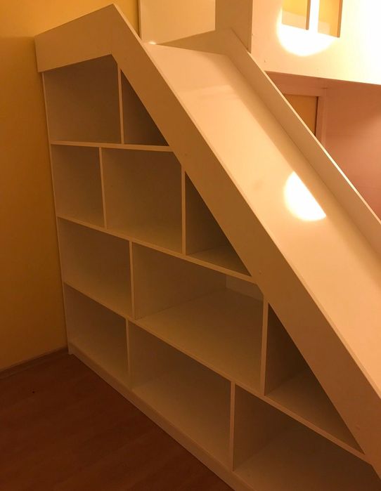 Двойно Детско легло с матраци, пързалка, шкафове и рафтчета