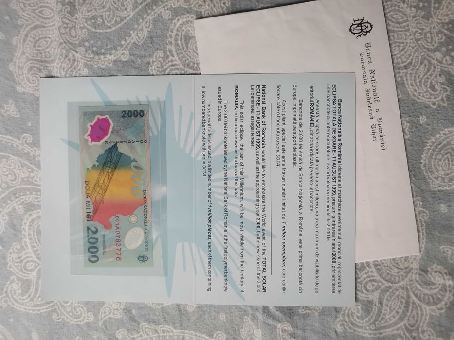Bancnotă de 2000 de lei, a marcat eclipsa totală de soare din 1999