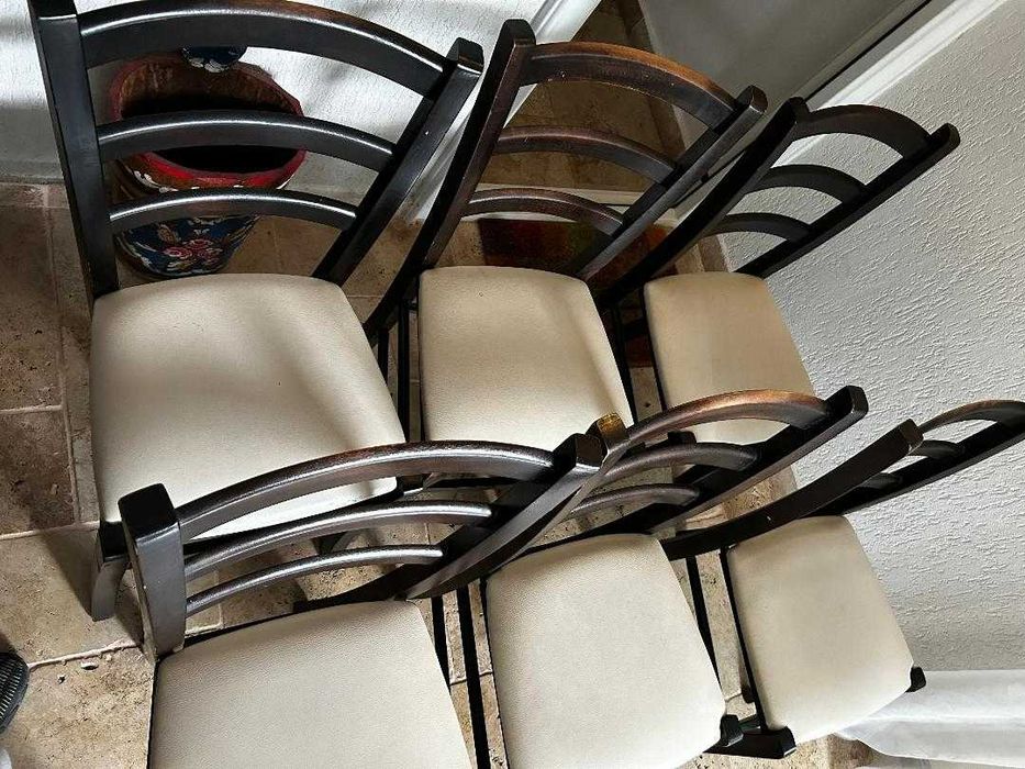 Scaune din lemn cu piele ecologica crem 7 bucati