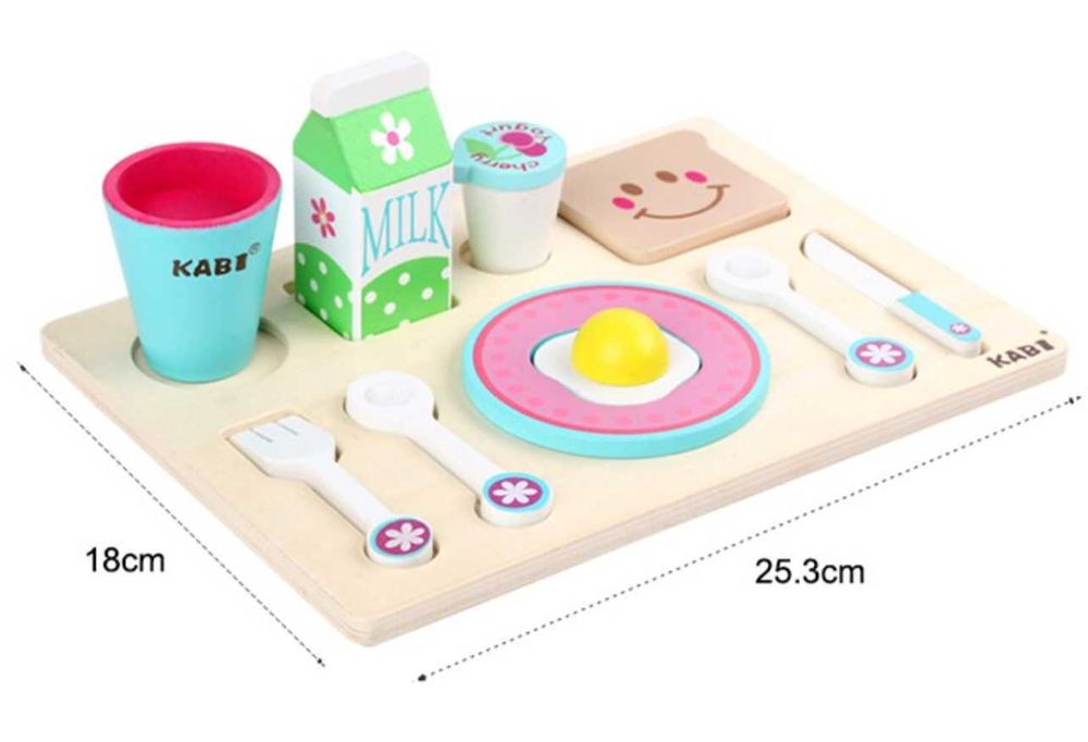 Дървена храна за симулации - детска закуска с мляко, чашка, яйце, хляб