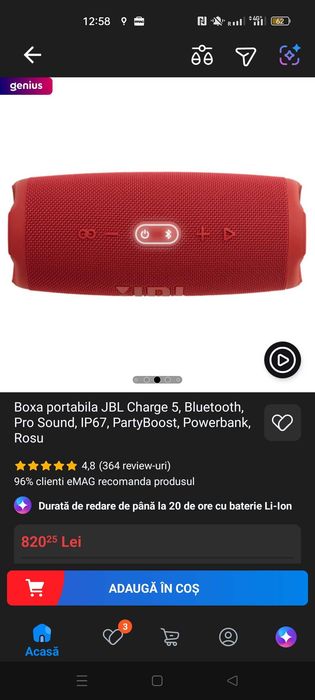 JBL Charge 5 Rosie – ca Nouă | Bluetooth | IP67 | Bass Puternic  550