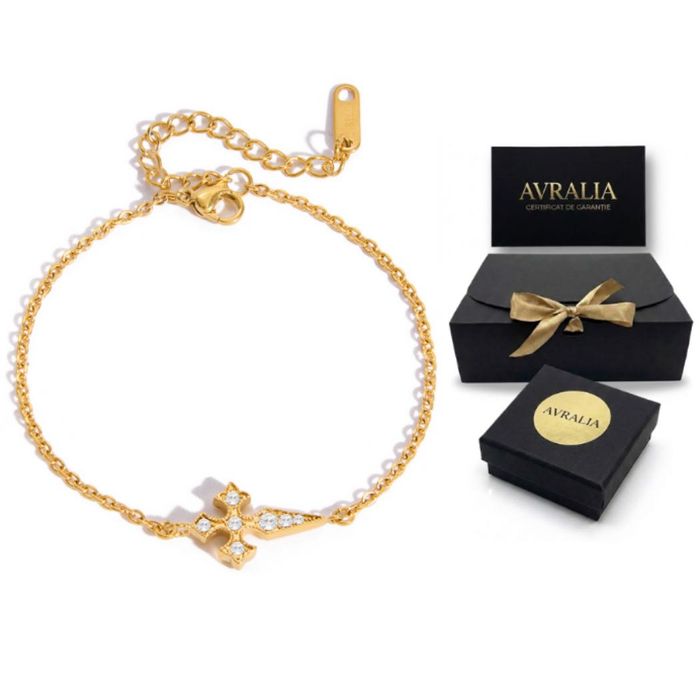 Bratara Premium Placata Aur 18K - Cruce Cristale, Set Cadou Inclus